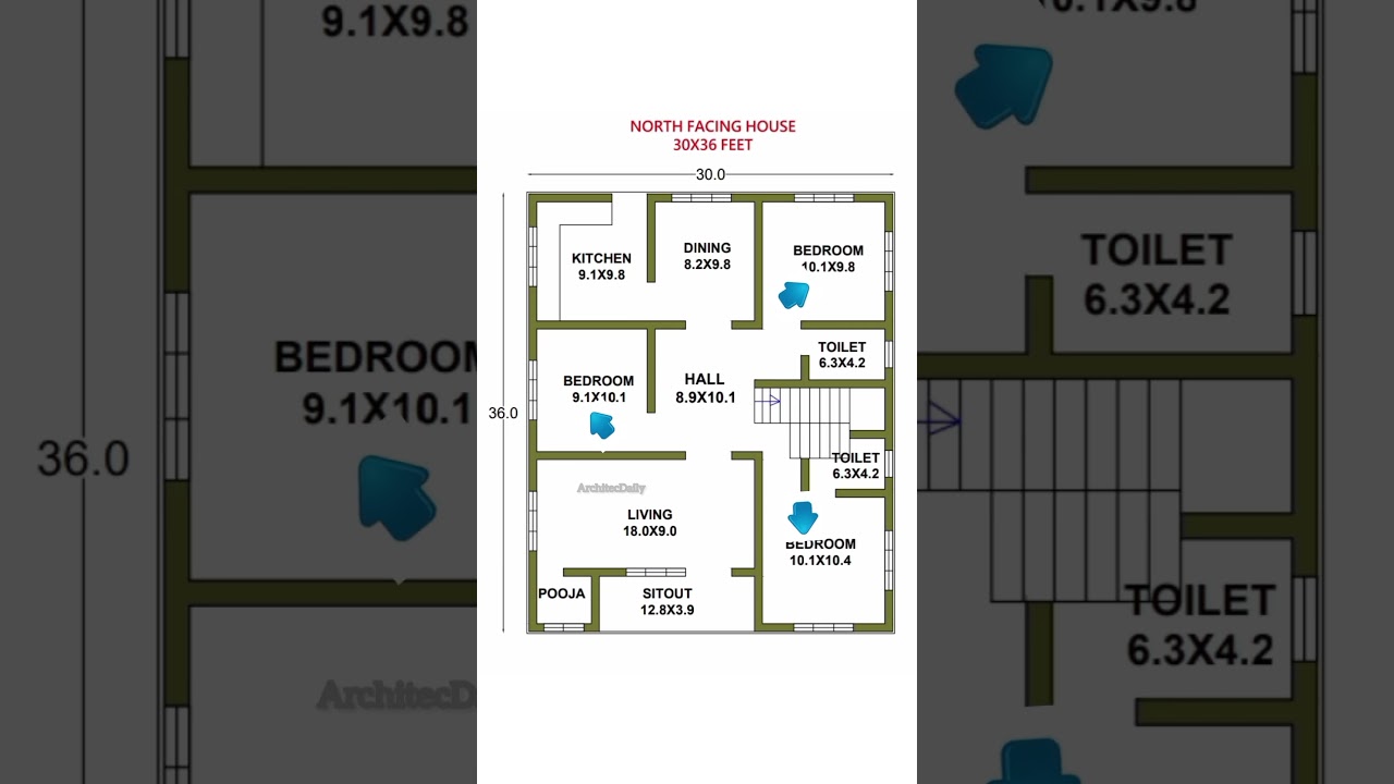 North Facing 30x36 Feet House Plan π‘