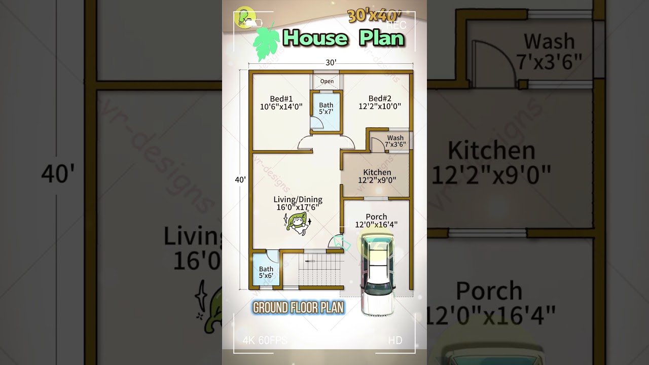 30x40 2BHK House Plan with Car Parking 🚗
