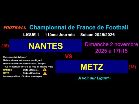NANTES - METZ : 11Úme journée de Ligue 1 - Stats, infos, pronos - Football saison 2025-2026