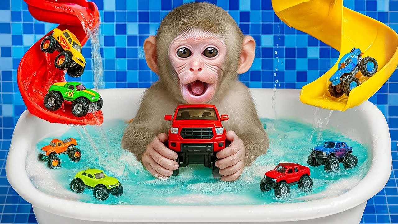 KiKi Monkey's Fun Bubble Bath & Monster Truck Playset Adventure! ππ