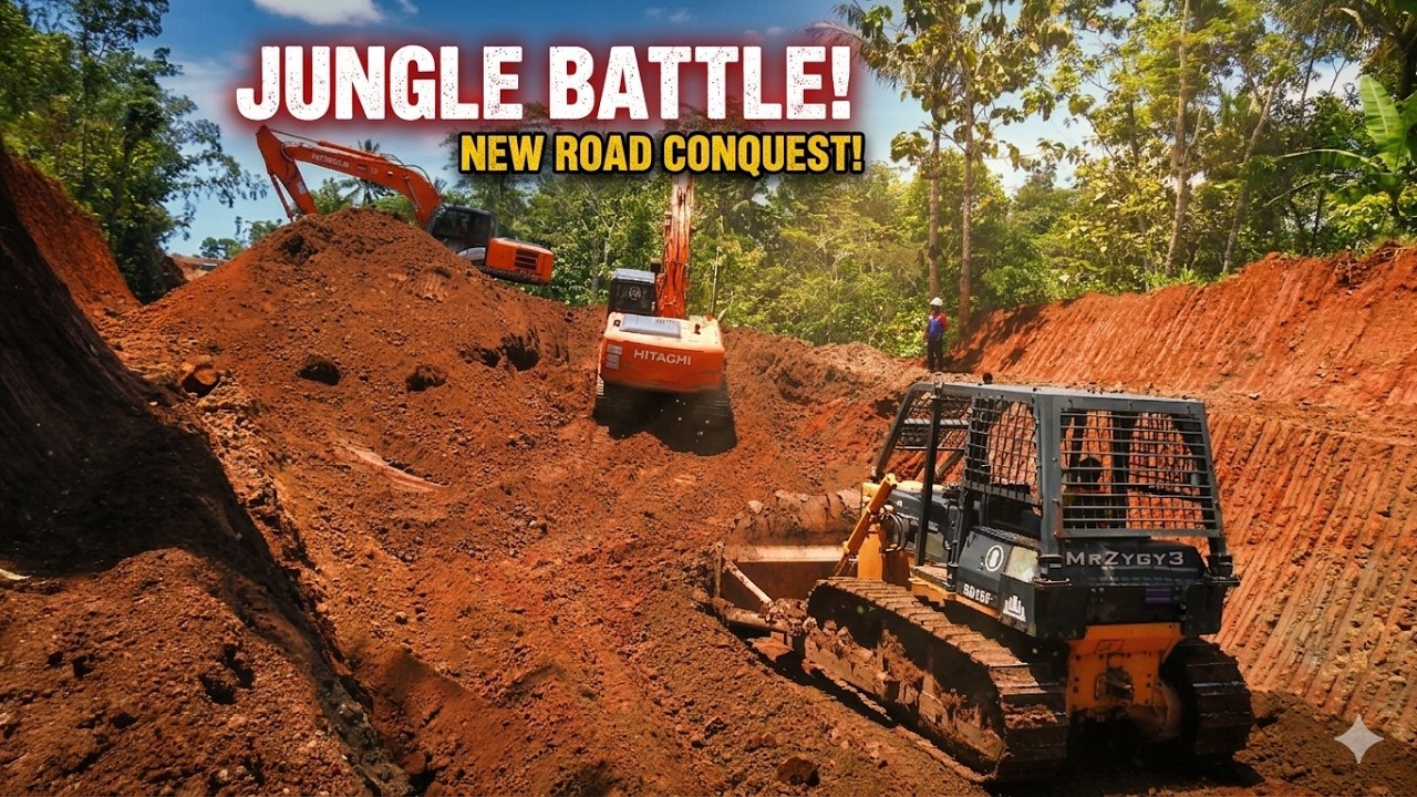Hitachi Zaxis 200 & Monster CAT SHANTUI Bulldozer Carving New Road in Dense Jungle!