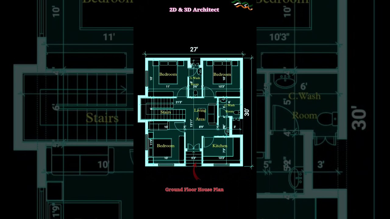 27×30 3BHK House Plan | Modern Design 🏡