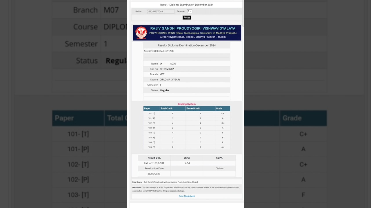 RGPV Diploma Semester 1-4 Results 2025 - Check Now