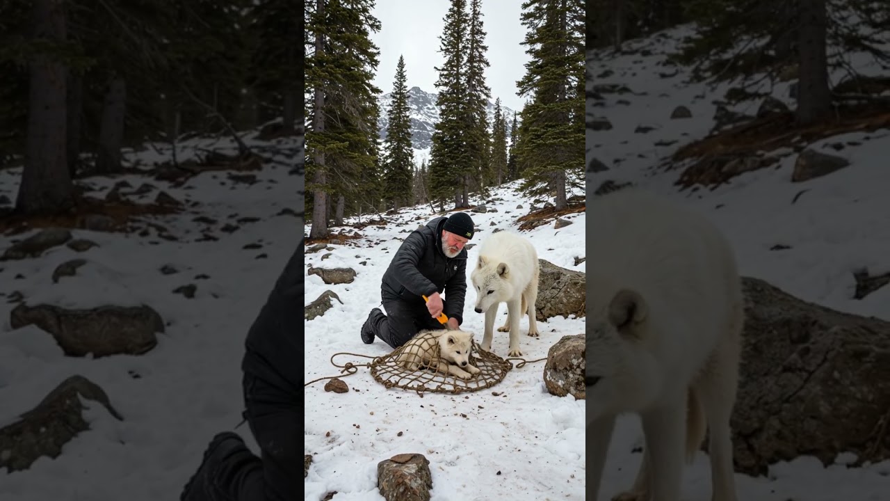 Snow Wolf Mother Rescues Cubs with Help of Old Man 🐺