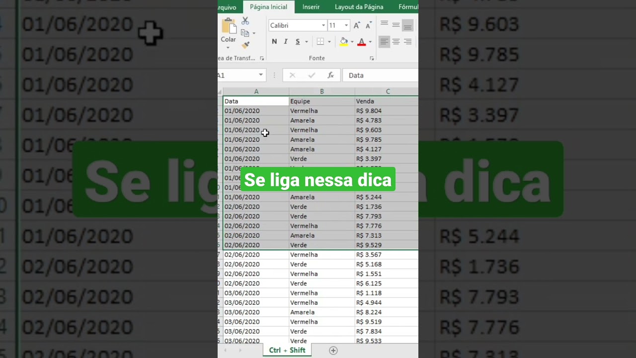 Atalho Ctrl + Shift para Selecionar Células no Excel
