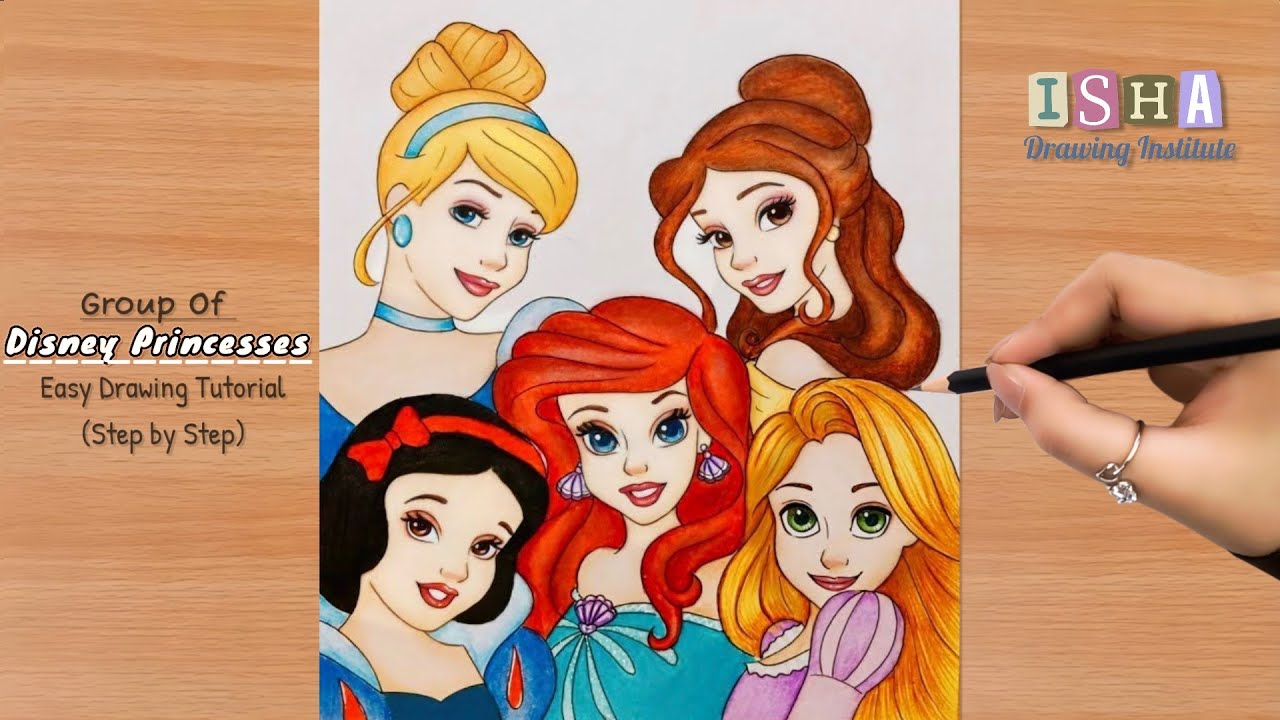 Group of Disney Princesses | Step by step | How to draw Ariel, Belle, Cinderella and more | Drawing