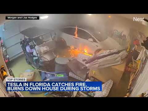 Tesla Fire and House Burn After Hurricane Helene 🌪️