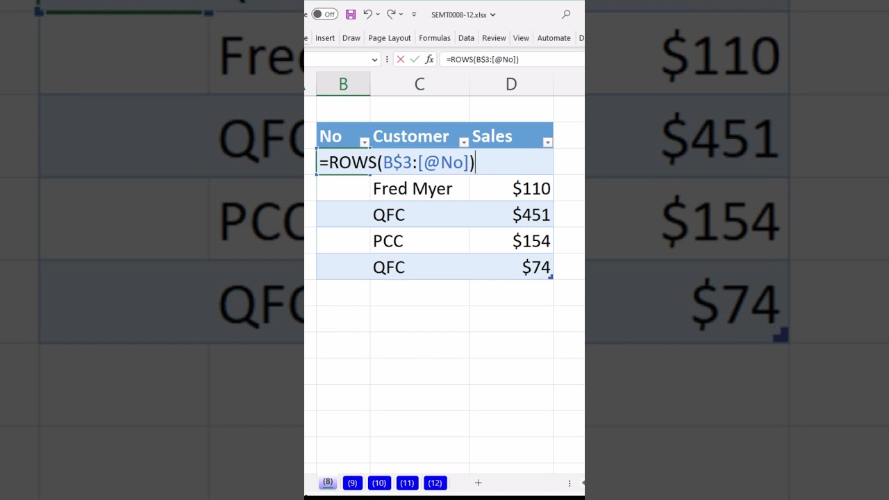 Auto Numbers in an Excel Table with a Formula. #Short Excel Magic Trick 08