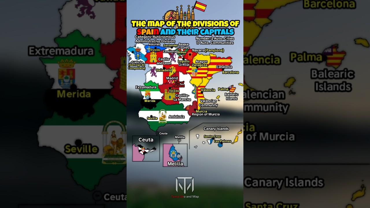 The map of the divisions of Spain and their capitals