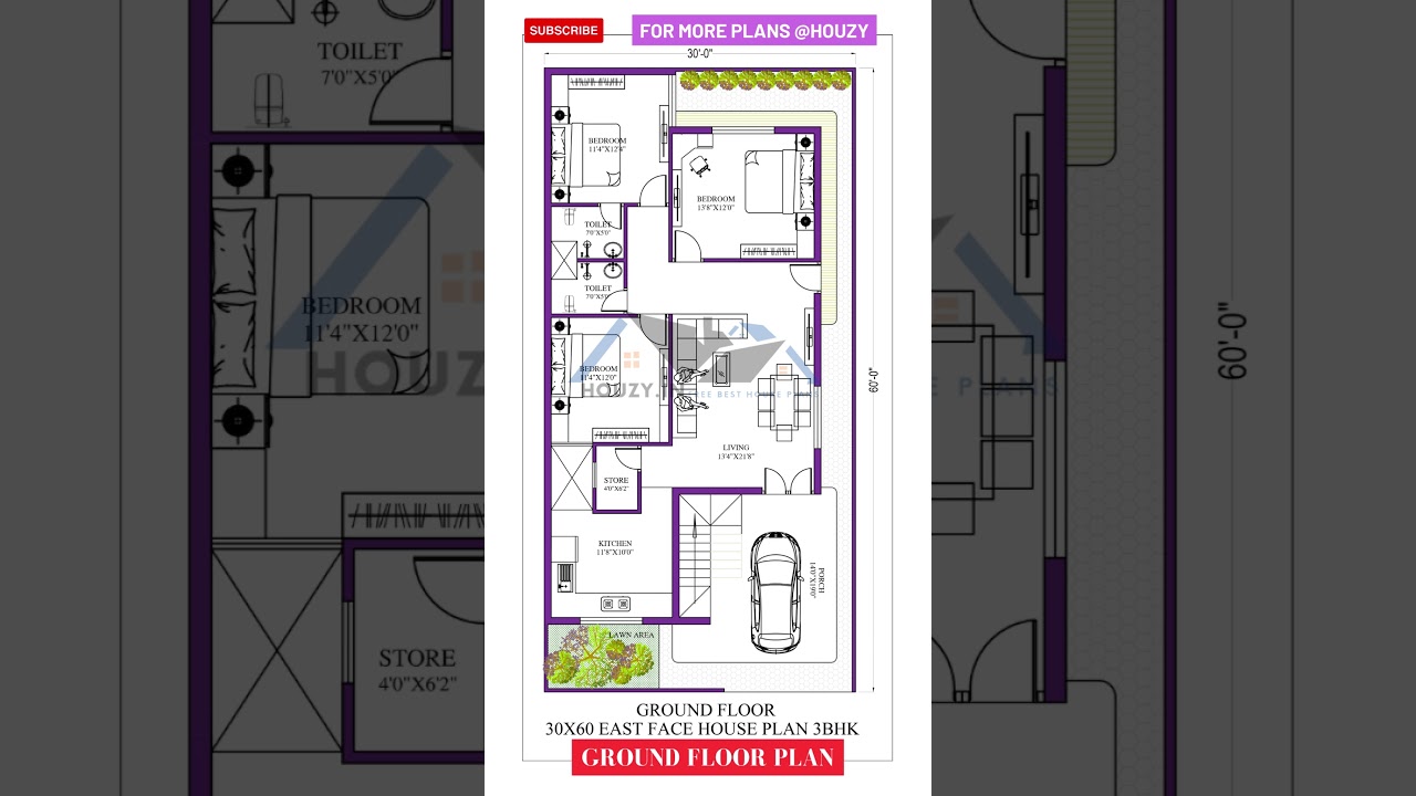 30x60 East Facing 3BHK House Plan 🏡