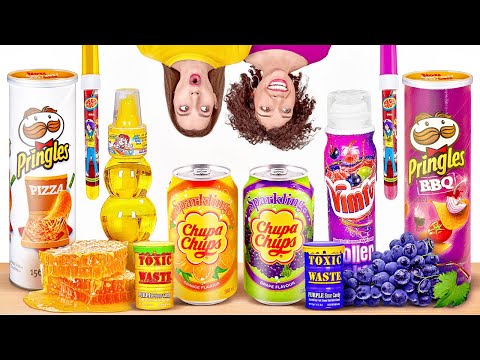 MAKAN 1 WARNA DALAM 24 JAM! Terakhir BERHENTI Menang! Mukbang UNGU VS KUNING oleh 123 GO! CHALLENGE