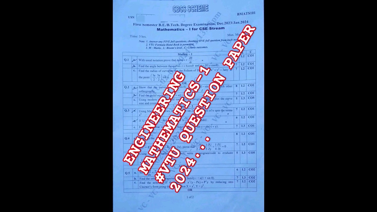 Download the 2024 Engineering Mathematics-1 Question Paper | VTU BMATS101