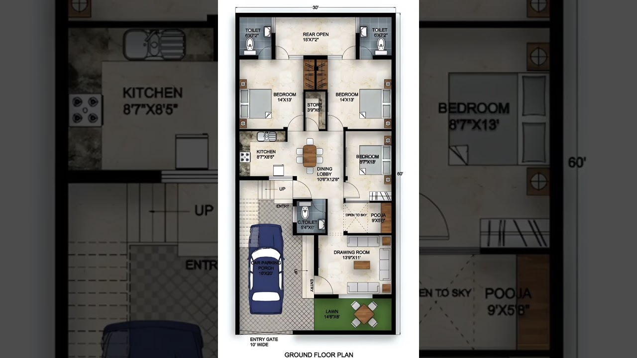 30x60 House Plan with Car Parking 🚗