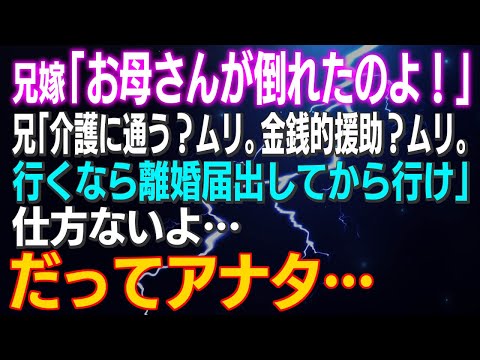 【スカッとする話】兄嫁「お母さんが倒れたのよ！」兄「介護に通う？ムリ。金銭的援助？ムリ。行くなら離婚届出してから行け」私…仕方ないね…だってアナタ…