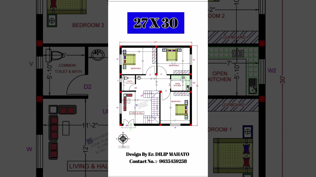 27x30 House Plan with 3BHK 🏡