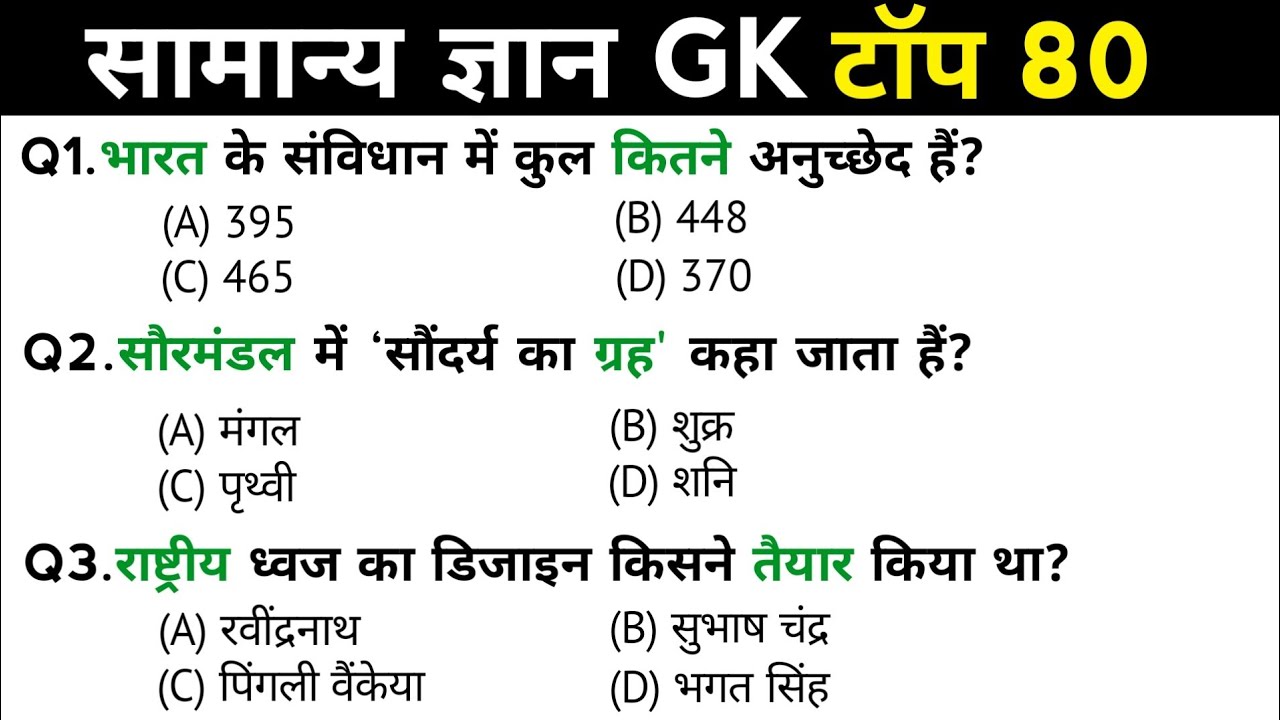 सामान्य ज्ञान | General Knowledge | Top 80 GK/GS questions | SSC GD, MTS, RPF, CRPF | GK quiz