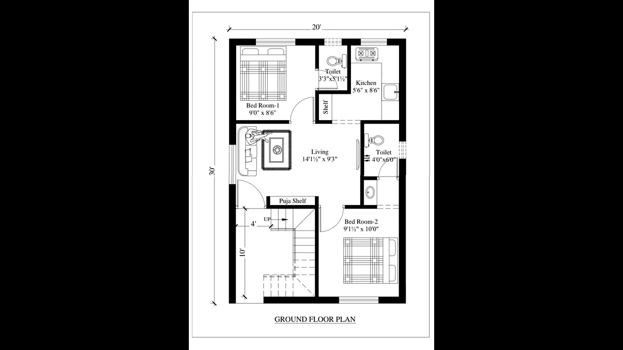 20'x30' West-Facing House Plan (600 sqft)