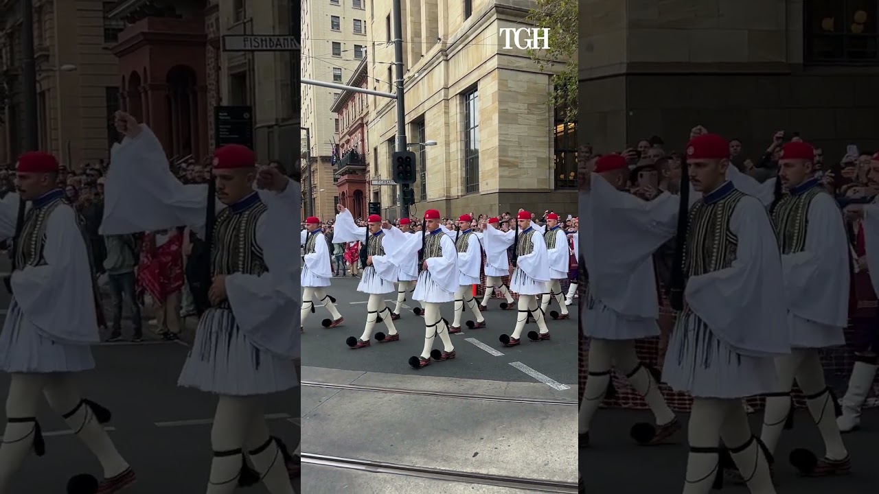 Evzones march in South Australia's ANZAC Day parade