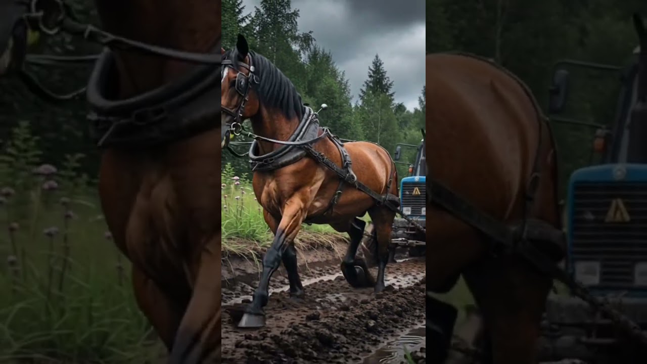Pure Power! Horse Pulls Out Stuck Tractor 🐎
