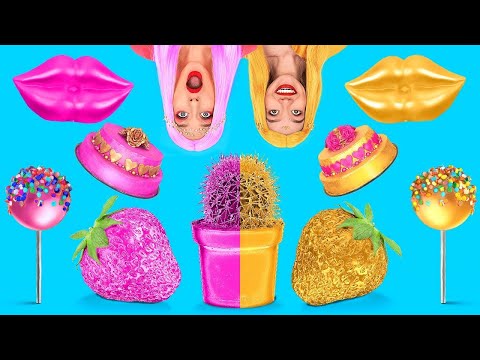 TANTANGAN EMAS VS PINK || Santap Makanan Satu Warna selama 24 Jam! Mukbang oleh 123 GO! FOOD