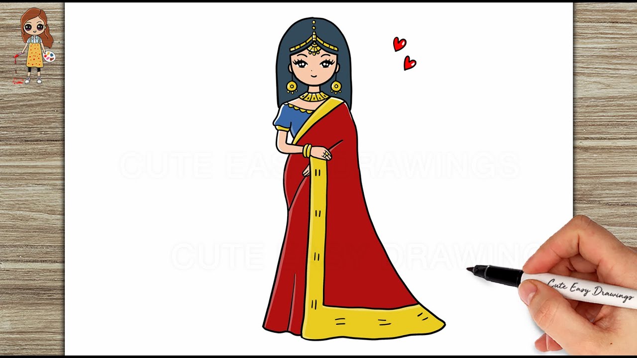 How to Draw a Cute Indian Traditional Girl in Saree | Girl Drawing | Saree Drawing Step by Step Easy