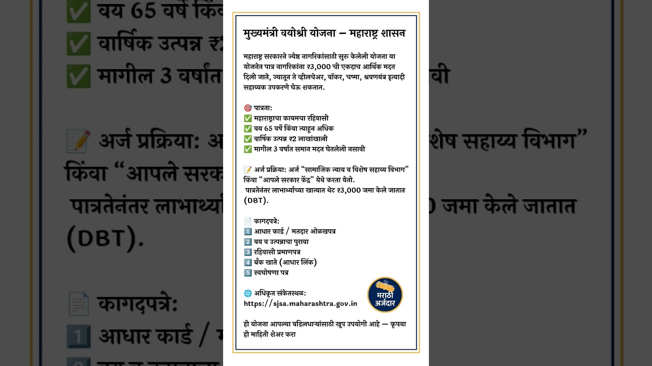 मुख्यमंत्री वयोश्री योजना महाराष्ट्र | ₹3,000 ची आर्थिक मदत | Senior Citizen Yojana 2025| GovtScheme