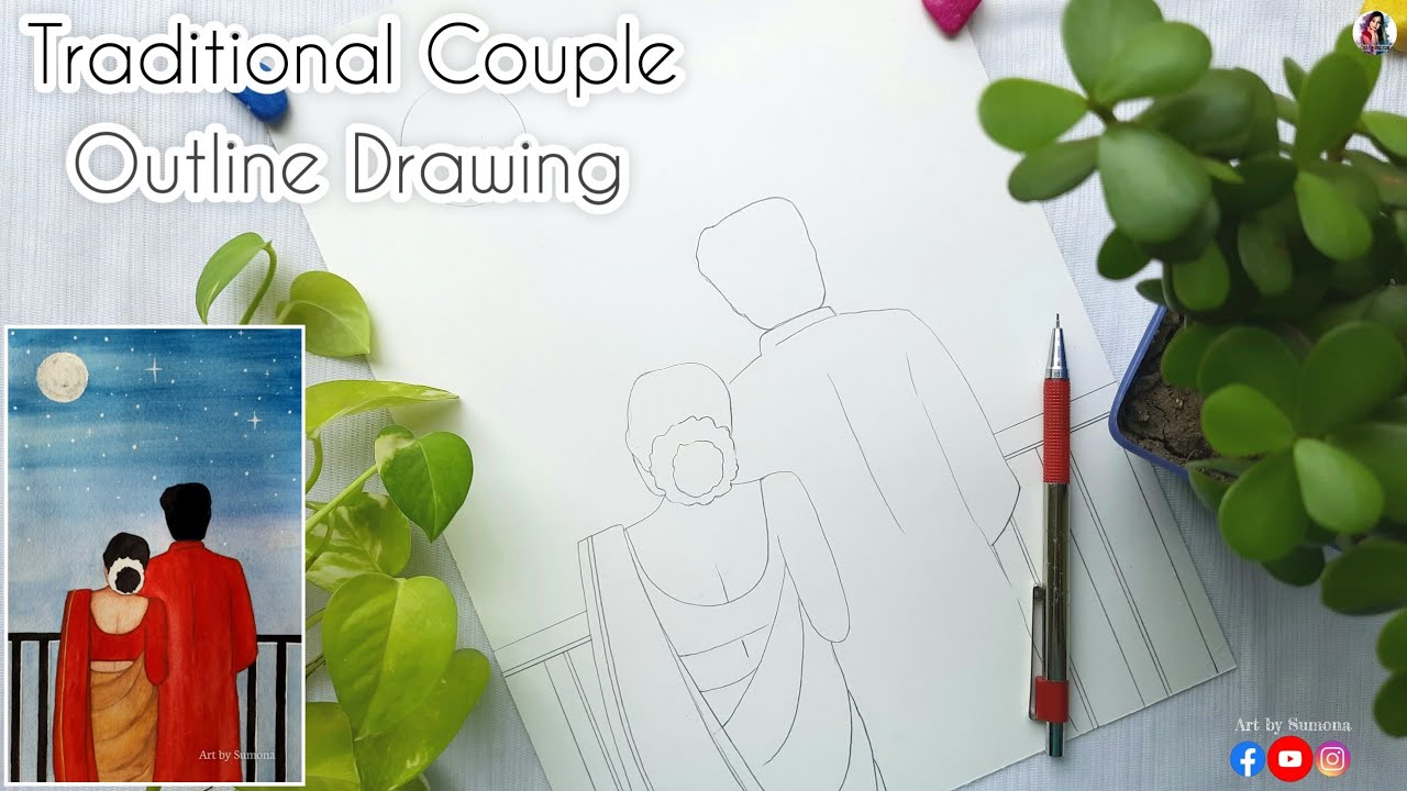 Bengali Couple Outline Drawing Tutorial 😊