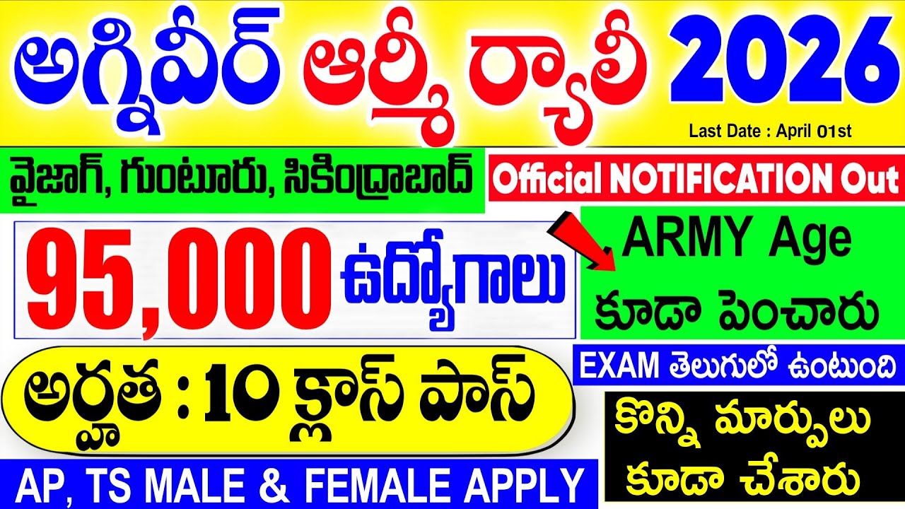 అగ్ని వీర్ ఆర్మీ ర్యాలీ 2026 నోటిఫికేషన్ విడుదల | 95,000+ ఉద్యోగాలు | Age Limit పెంచారు | Army Jobs