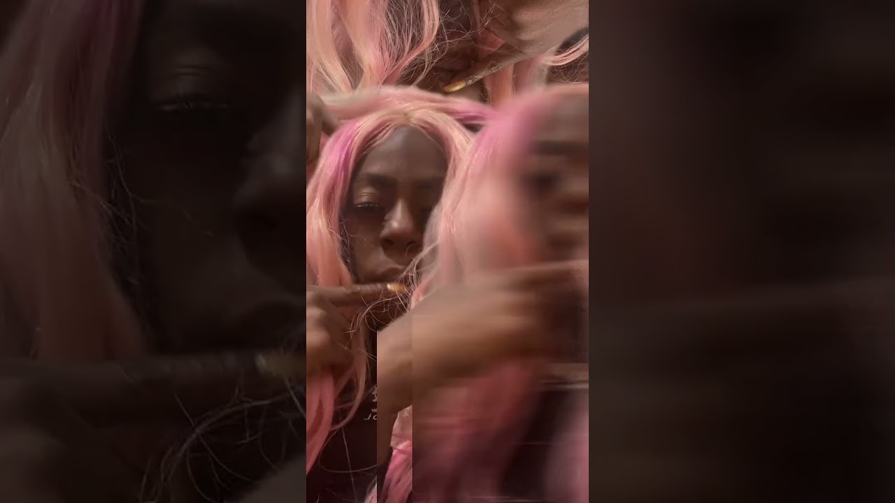 Vibrant Pink Wig Portrait with Artistic Split Screen