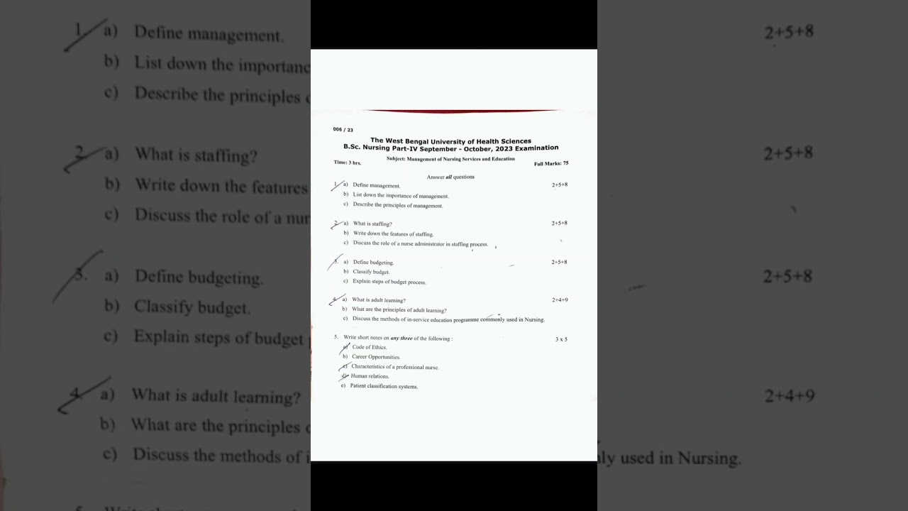 Bsc Nursing 6th semester Nursing Management & leadership question paper 2023