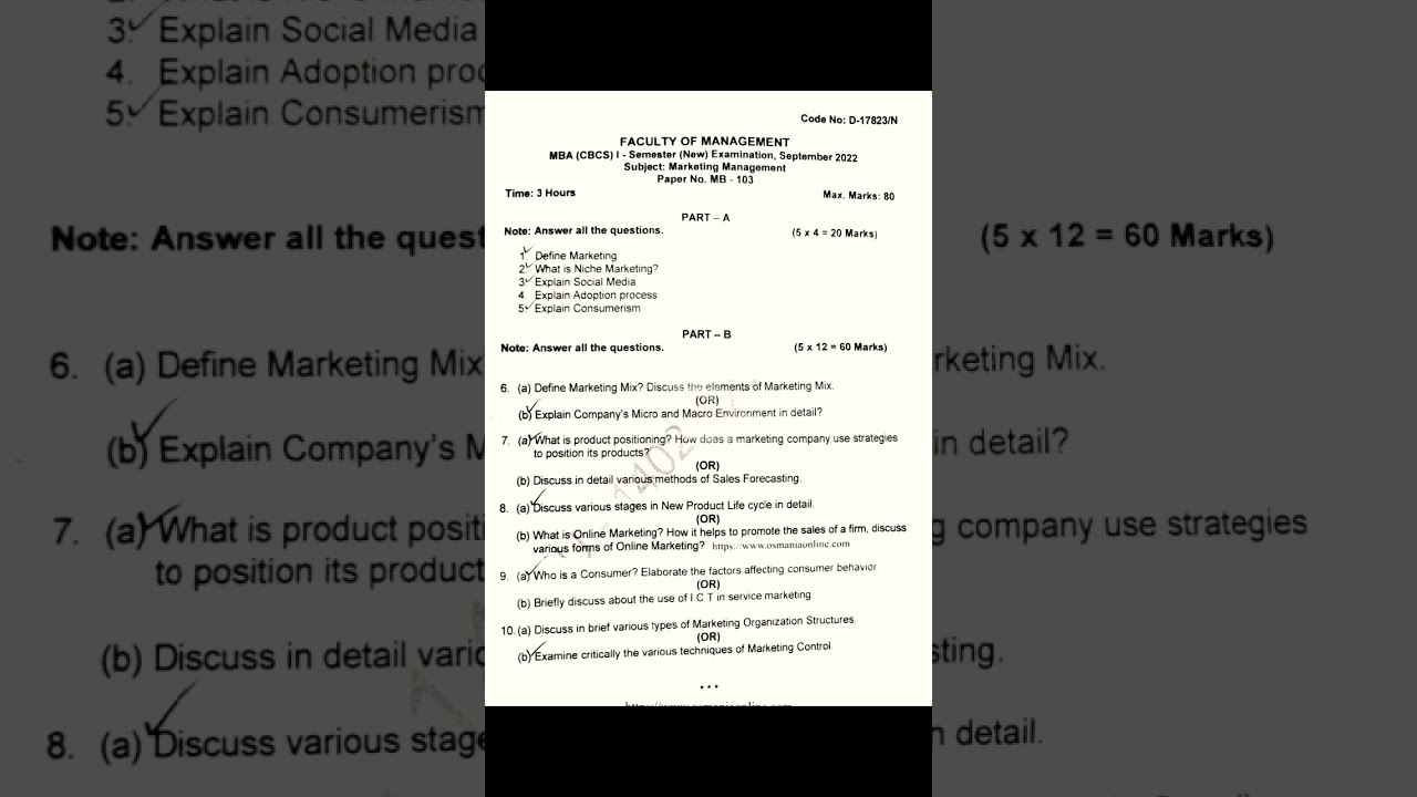 MBA 1st Semester Marketing Management Question Paper (September 2022) ๐