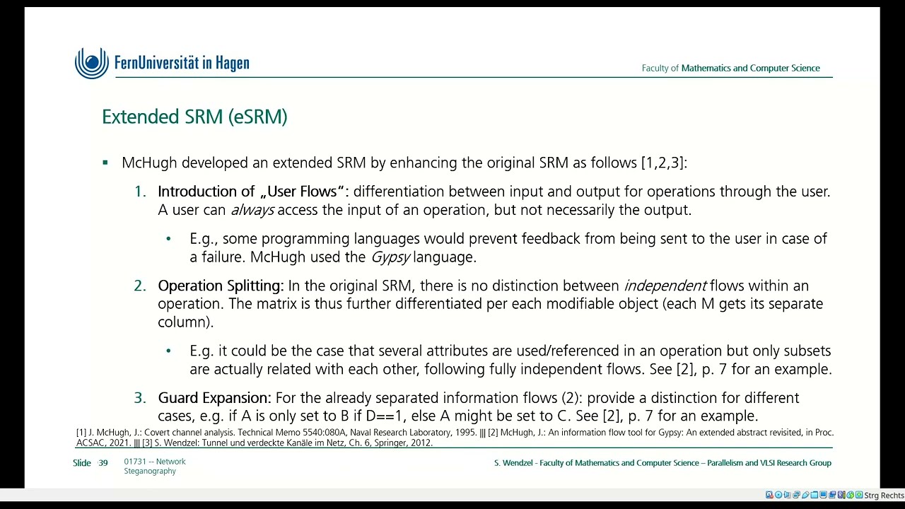 01731, Network Steganography, Chapter 3 (Generic Countermeasures), Class at FernUniversität in Hagen