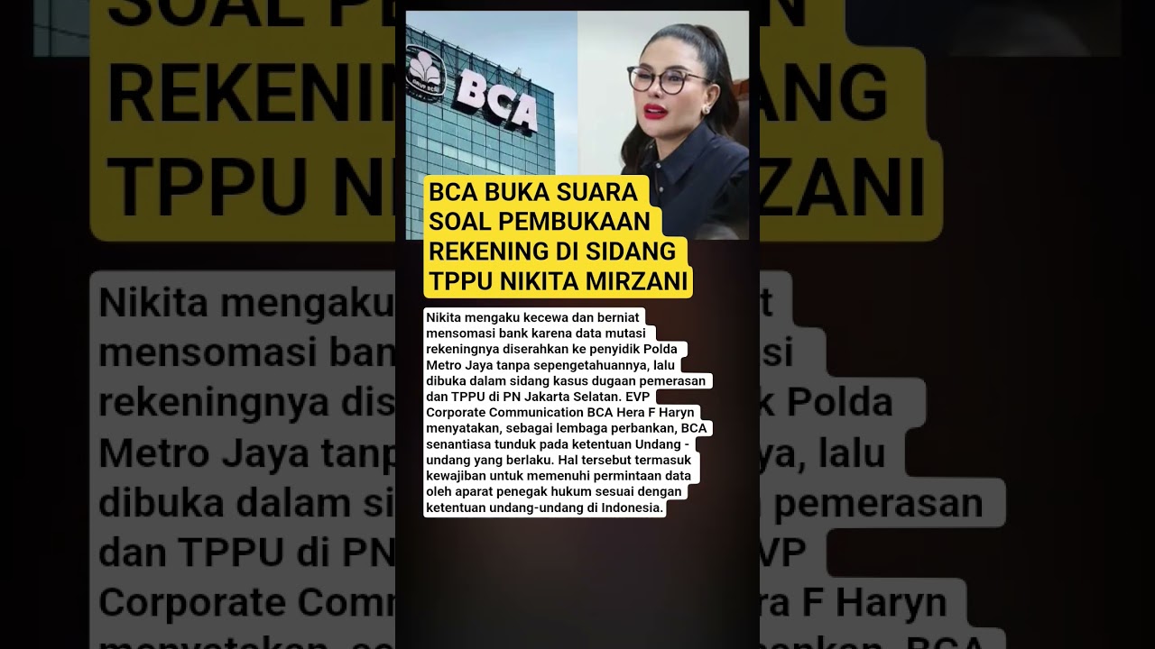 BCA Buka Suara soal Rekening Nikita Mirzani di Sidang TPPU