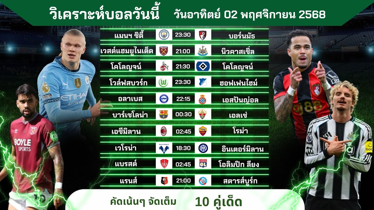 วิเคราะห์บอลวันนี้ ทีเด็ดบอลวันอาทิตย์ที่ 2 พฤศจิกายน 2568 โดย บิลลี่ชี้บอลเด็ด ⚽️