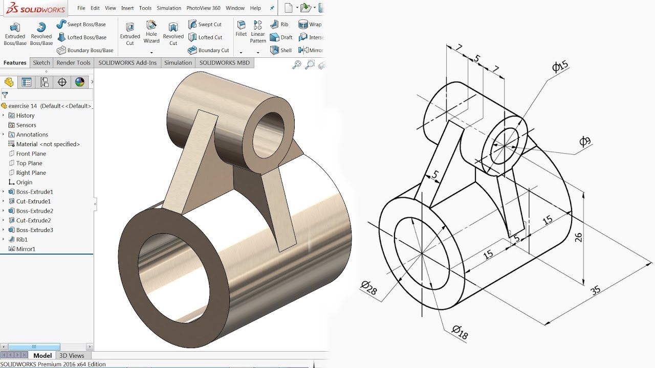 SolidWorks Beginner Tutorial: Extrude, Cut, Mirror & Rib