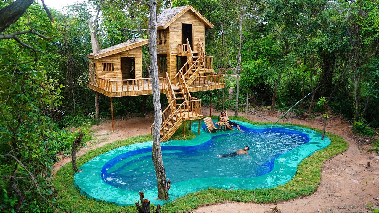 Epic Jungle Survival: Build a 2-Story Bamboo Treehouse with Pool & Kitchen 🌿