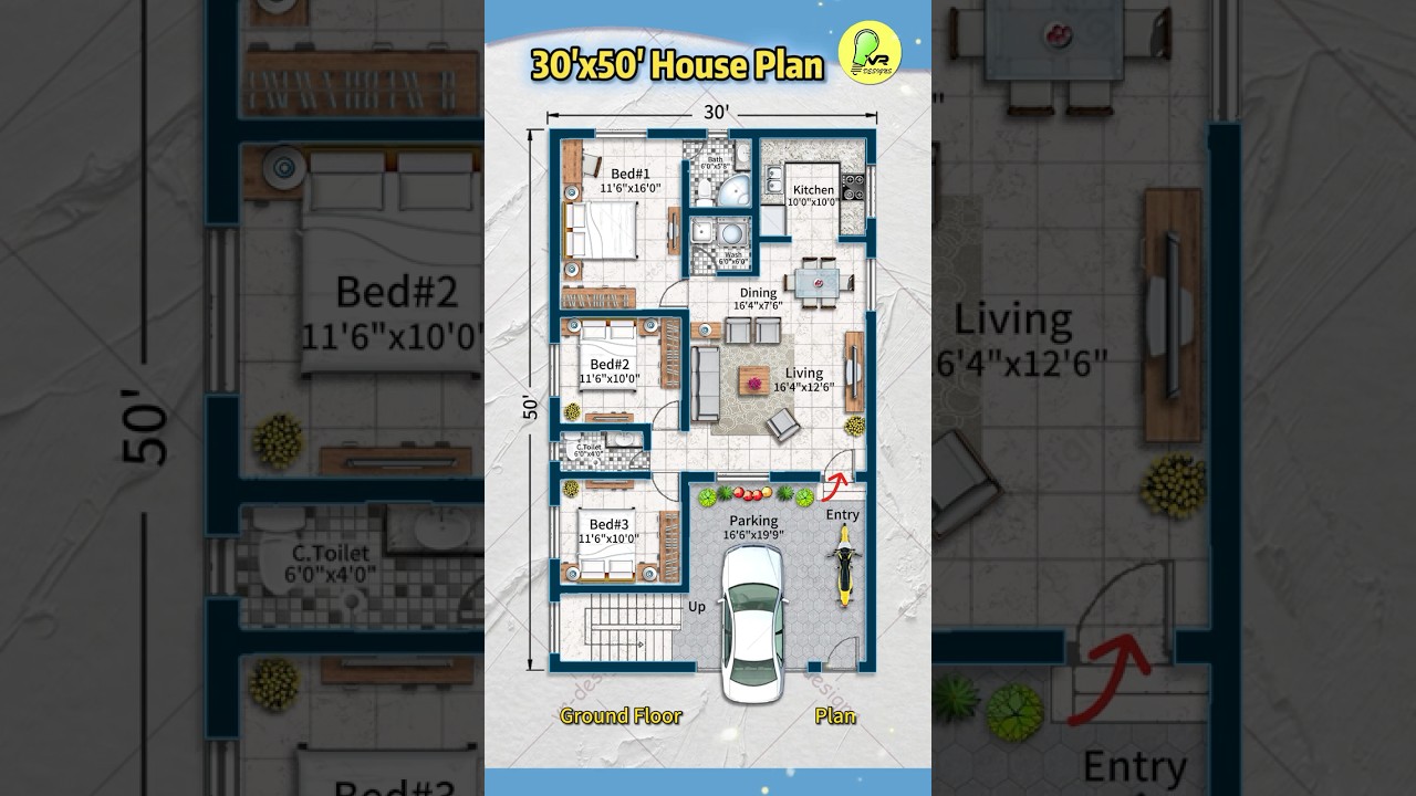 30'x50' 3BHK House Plan with Parking 🚗