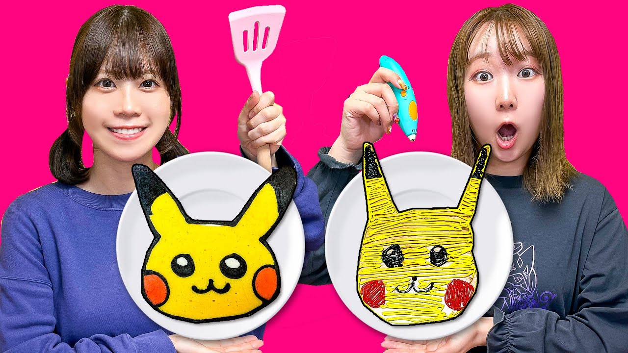 パンケーキアート vs 3Dペンアート！カラフルお絵描き対決🎨【男女チャレンジ】