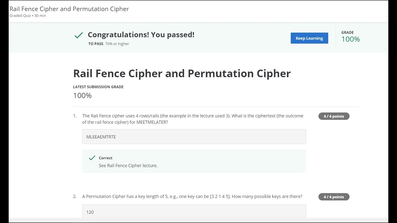 Test Your Knowledge: Rail Fence & Permutation Ciphers Quiz 🧩 | Coursera Symmetric Cryptography Week 2