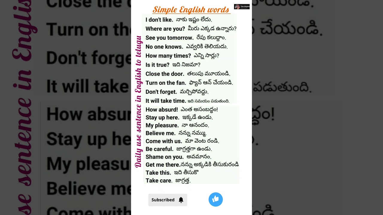 12 Common Daily English Sentences in Telugu