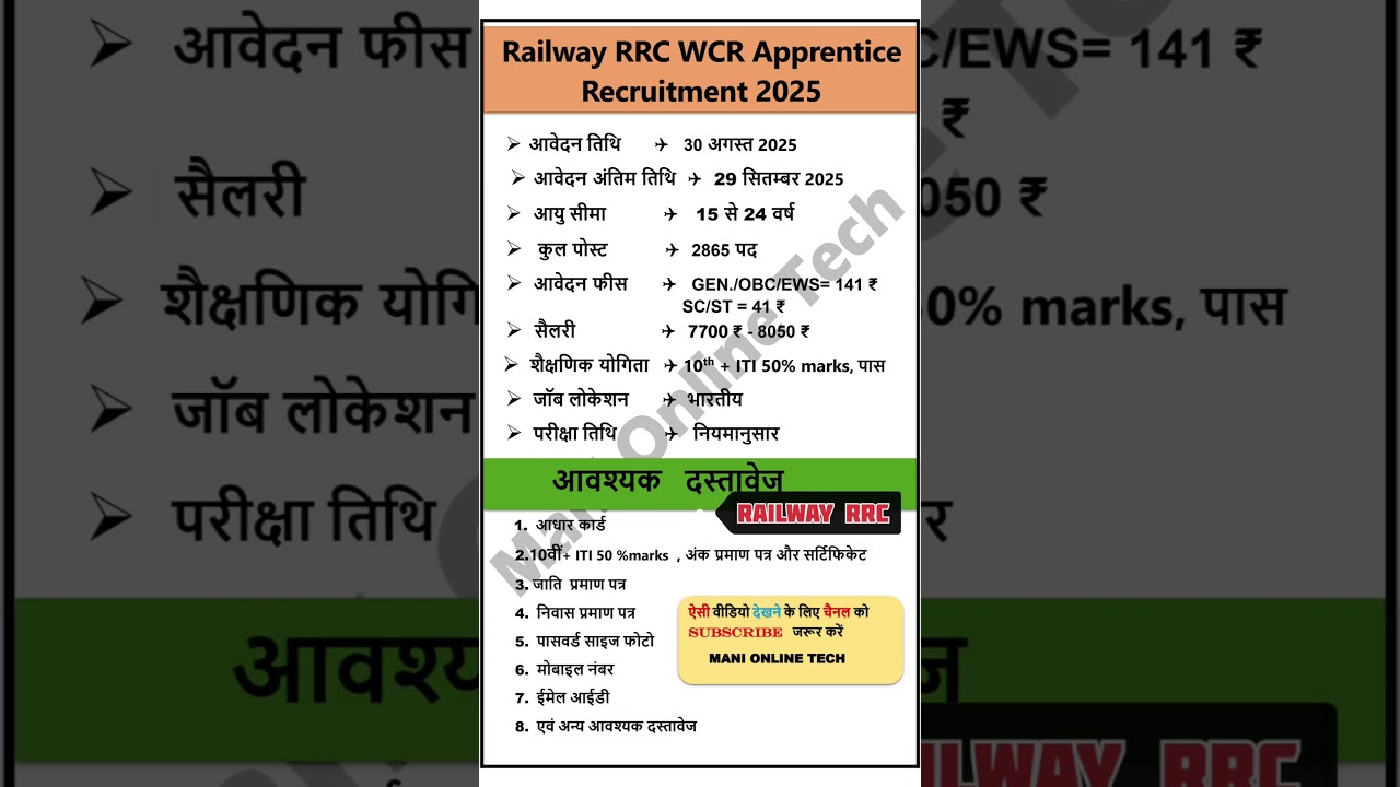 RRC WCR Railway Apprentice Bharti 2025📝