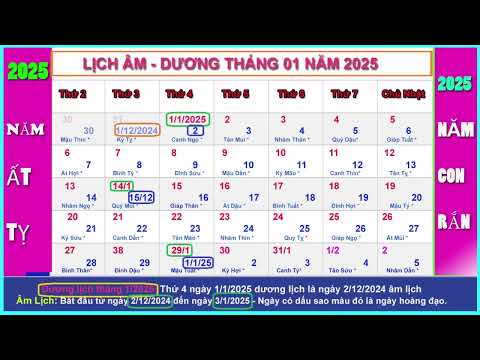 Lịch âm dương tháng 1 năm 2025 - Lịch vạn niên tháng 1/2025, Ất Tỵ