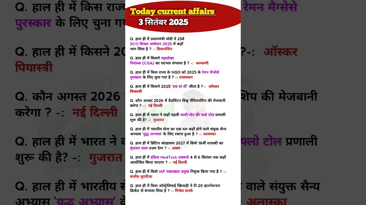 3 Sept 2025 Current Affairs | Daily GK & Railway Updates