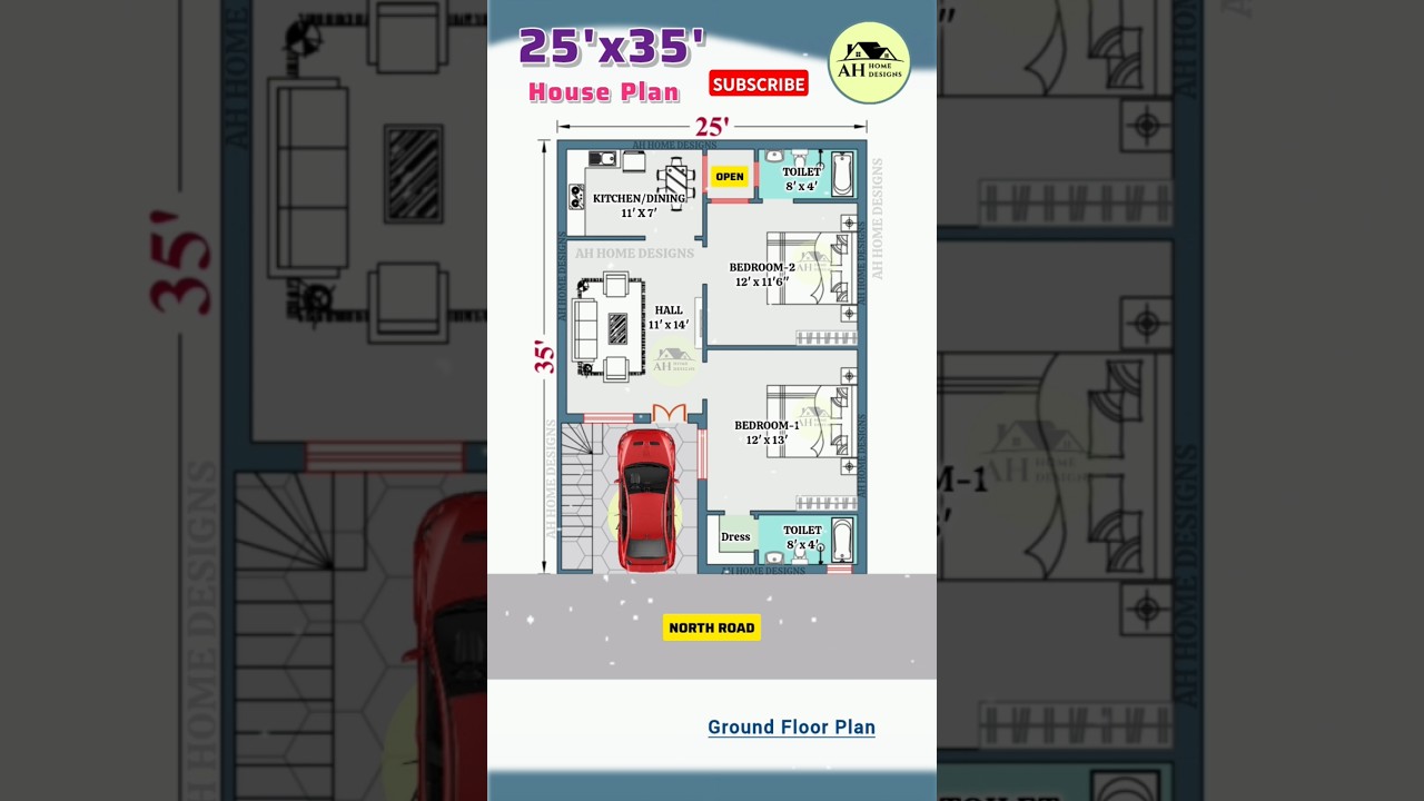 25' x 35' North-Facing 2BHK House Plan 🚗