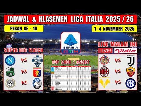 Jadwal Liga Italia 2025 Pekan Ke 10 ~ MILAN vs ROMA ~ CREMONESE vs JUVENTUS ~ NAPOLI vs COMO