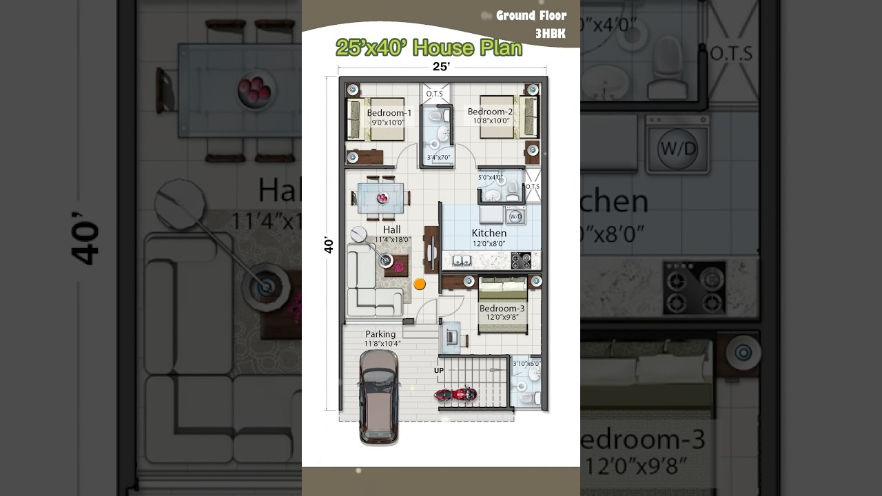 25x40 3BHK House Plan with Parking 🚗
