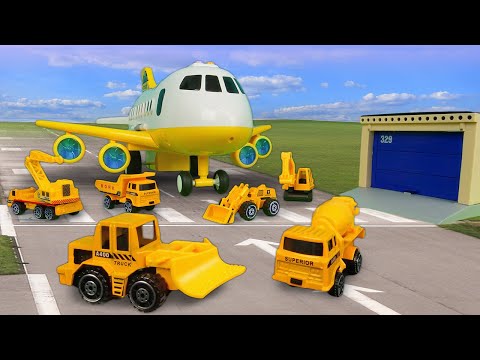 El avión transporta los coches y camiones para niños. Vídeos de tractores de juguete.
