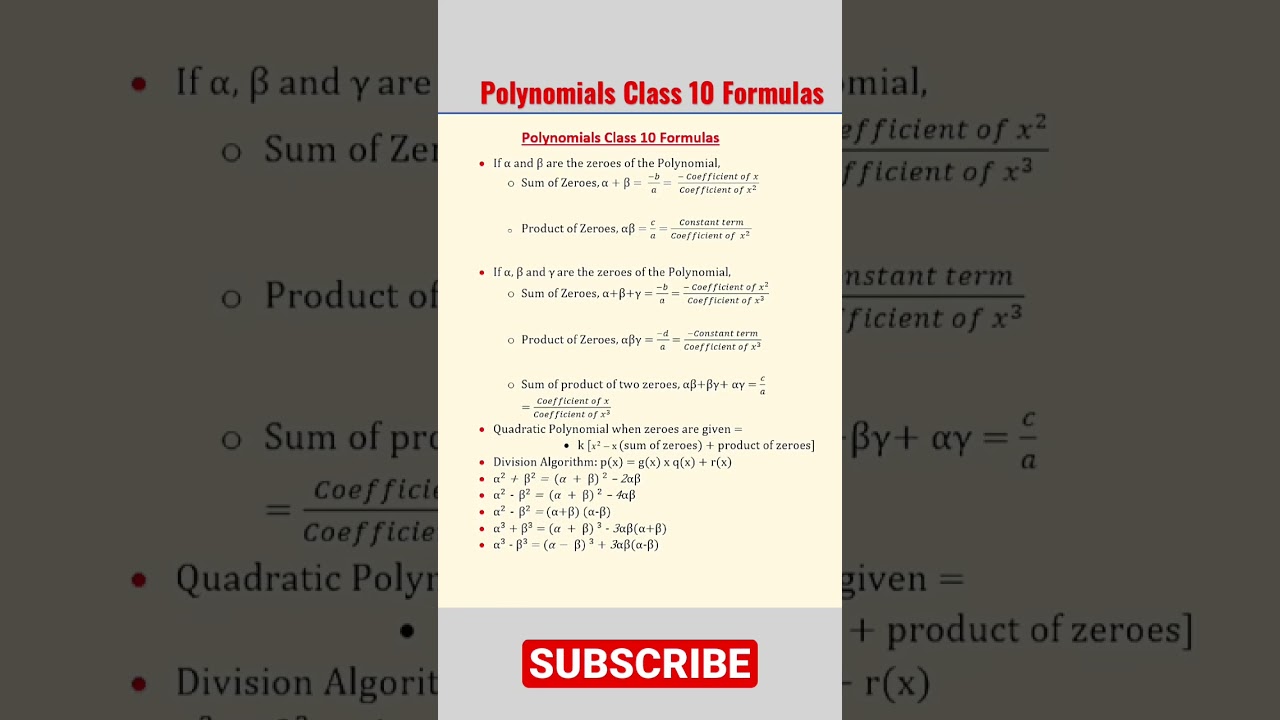 Polynomials Formulas for Class 10 📘