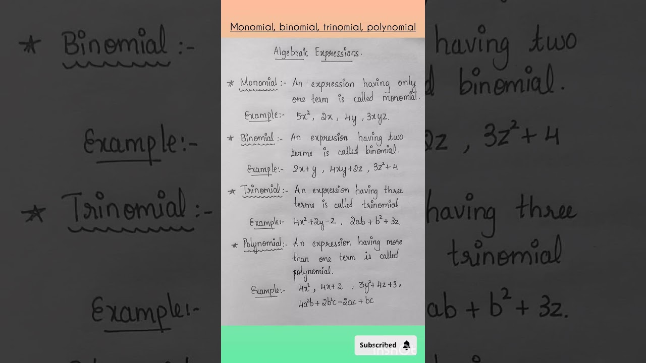 Understanding Algebraic Expressions: Monomials, Binomials, Trinomials, and Polynomials