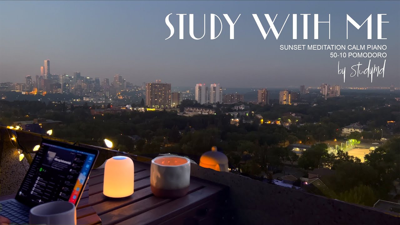 4-HOUR STUDY WITH ME π / Sunset Meditation Calm Piano / Pomodoro 50-10